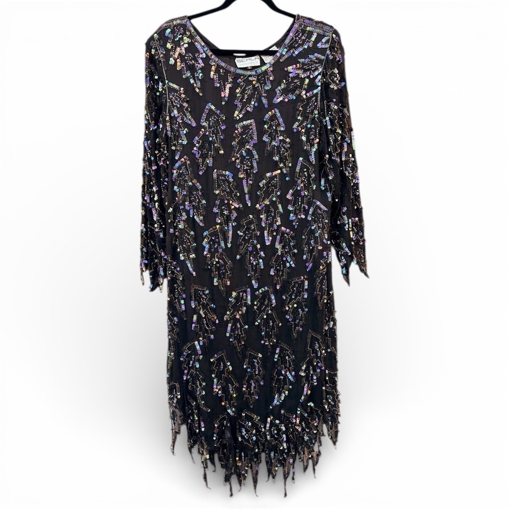 Vintage Scala Silk Iridescent Sequin Beaded Dress Art Deco Goth Glam